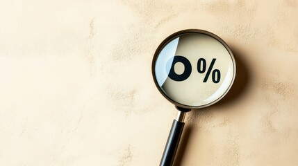 Magnifying glass focusing on bold black 0% text on a beige background, symbolizing zero credit ratings, poor financial status