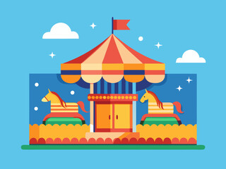Horse carousel in the amusement park. Ticket design. Flat vector illustration.
