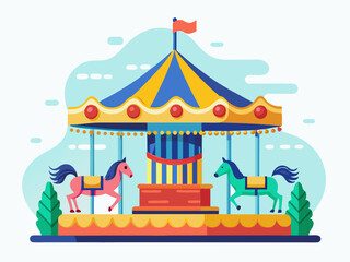 Amusement Park Horse Carousel, Ticket Design Concept, Colorful Flat Vector Artwork. © VectorVibe