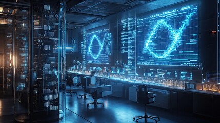 6. Biotechnology lab with transparent digital screens displaying genetic data, modern research facility