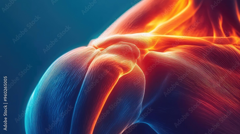 Poster a close-up view of a vibrant shoulder muscle, showcasing intricate details and dynamic colors, empha