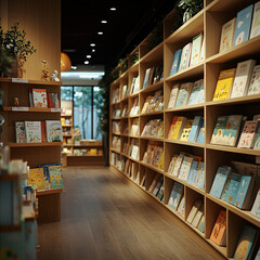 Bright and cozy children's bookstore with organized wooden shelves, colorful books, and warm sunlight through large windows, peaceful and inviting reading space, bookshop interior design.