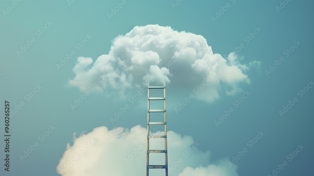 Wall mural a surreal ladder reaching towards a fluffy cloud in a serene blue sky, symbolizing aspirations and d