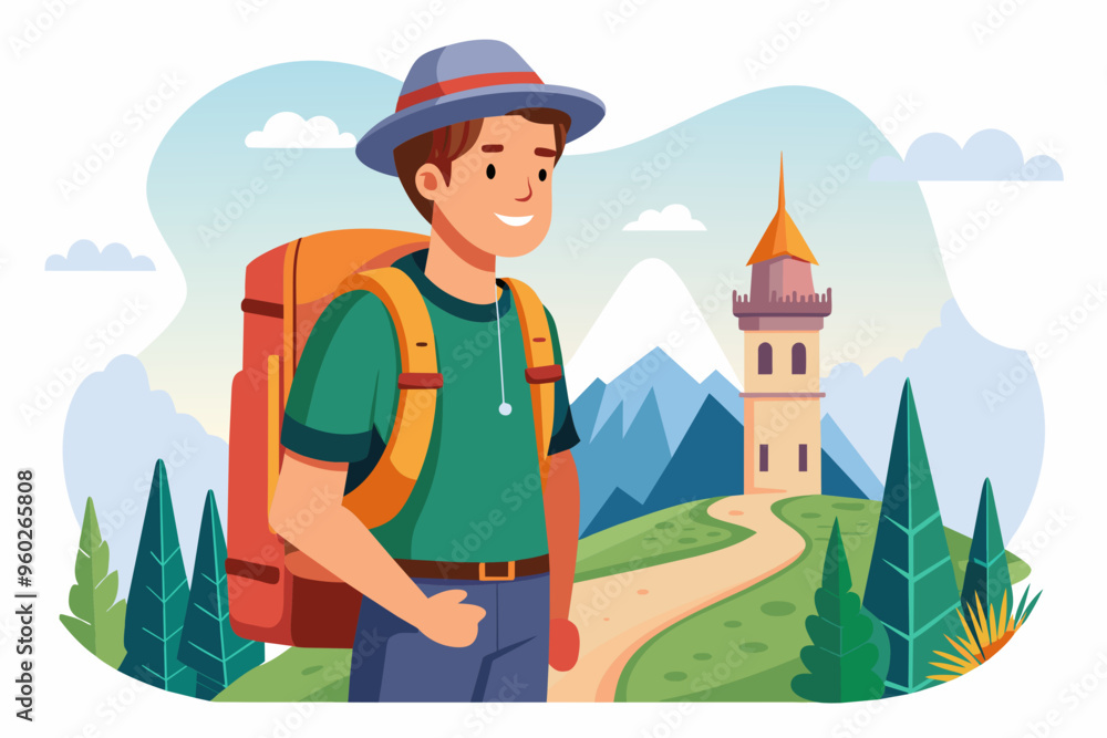 Wall mural tourist with a backpack from his back vector art illustration