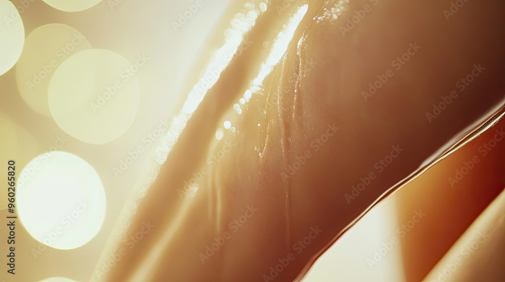 Poster a close-up of a glistening skin surface illuminated by soft light, creating a warm and inviting atmo