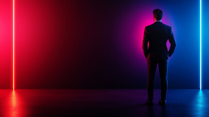 Silhouette of a business man in a suit facing neon lights, creating a dramatic contrast in a modern setting.