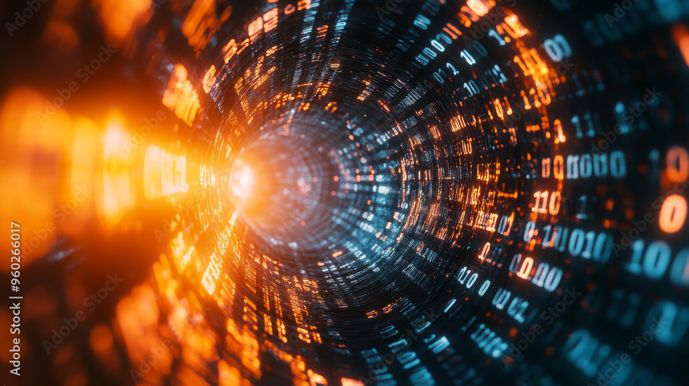 Poster technology background with binary code flowing through a vortex, showcasing a depth of field effect.