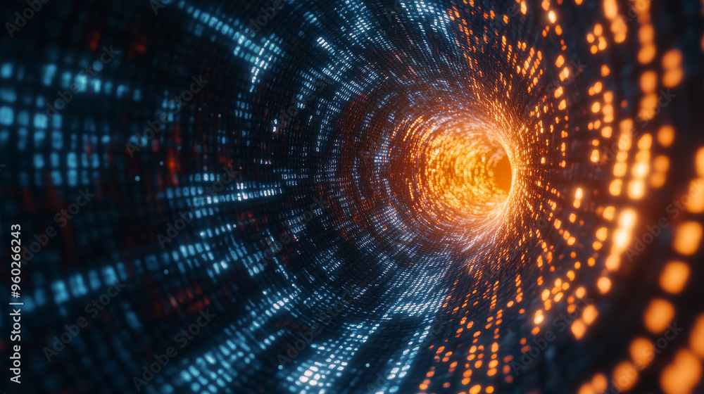 Poster technology background with binary code flowing through a vortex, showcasing a depth of field effect.