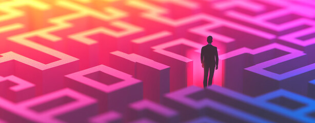 A figure stands at entrance of glowing maze, contemplating path ahead. vibrant colors create sense of mystery and intrigue.