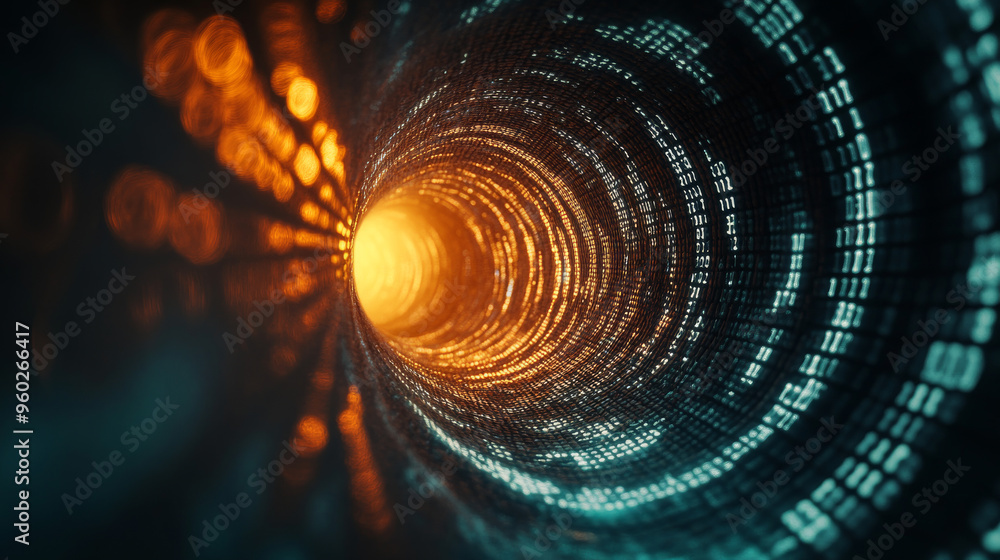 Poster technology background with binary code flowing through a vortex, showcasing a depth of field effect.