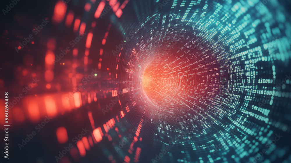 Poster technology background with binary code flowing through a vortex, showcasing a depth of field effect.