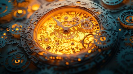 Obraz premium 16. A glowing watch face with intricate paper cut gears and light softly illuminating the detailed layers, all set on a solid colored backdrop