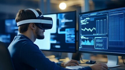 Programmer debugging database tools, virtual reality interface, sleek modern setup