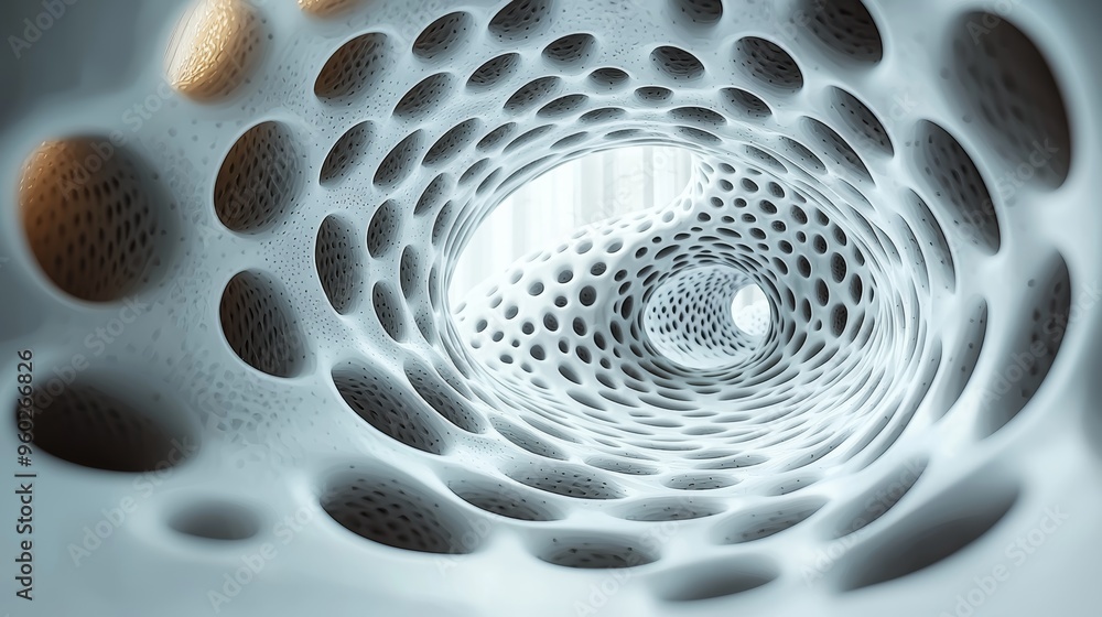 Poster abstract tunnel of interconnected spherical patterns demonstrating unique design and structure in a 