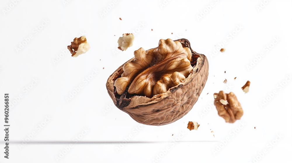Poster nut shell split open with edible walnut pieces floating above on a clean white background emphasizin