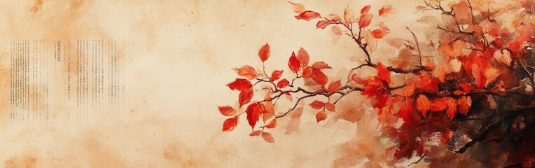 Autumn Leaves Watercolor Border on Beige Background