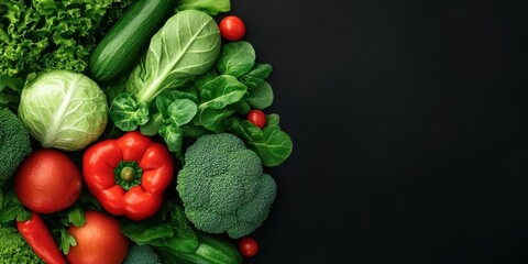 A colorful arrangement of fresh vegetables on a dark background, showcasing health and vitality.