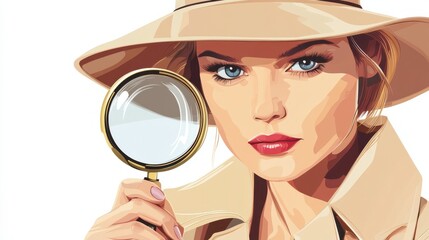 Cartoonized female detective with magnifying glass and fedora hat illustration