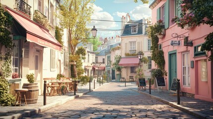 Fototapeta premium Charming Parisian Street With Vibrant Storefronts and Historic Architecture