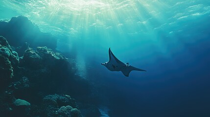 Obraz premium The diverse marine life of the Galapagos Islands, with manta rays gliding through the water.