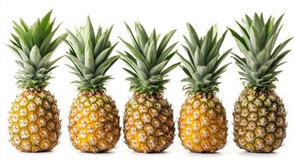 Fresh pineapples arranged in a row against a plain background highlighting their natural colors and textures