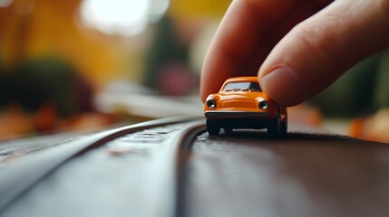 Hand Holding a Toy Car: A hand rolling a toy car along a track, with a close-up focus on the car and the hand&rsquo;s movement. 