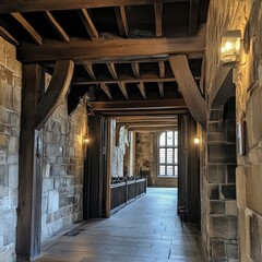 The entrance to the medieval great hall inside Nottingham Castle, with wooden beams and stone walls creating a historic atmosphere.