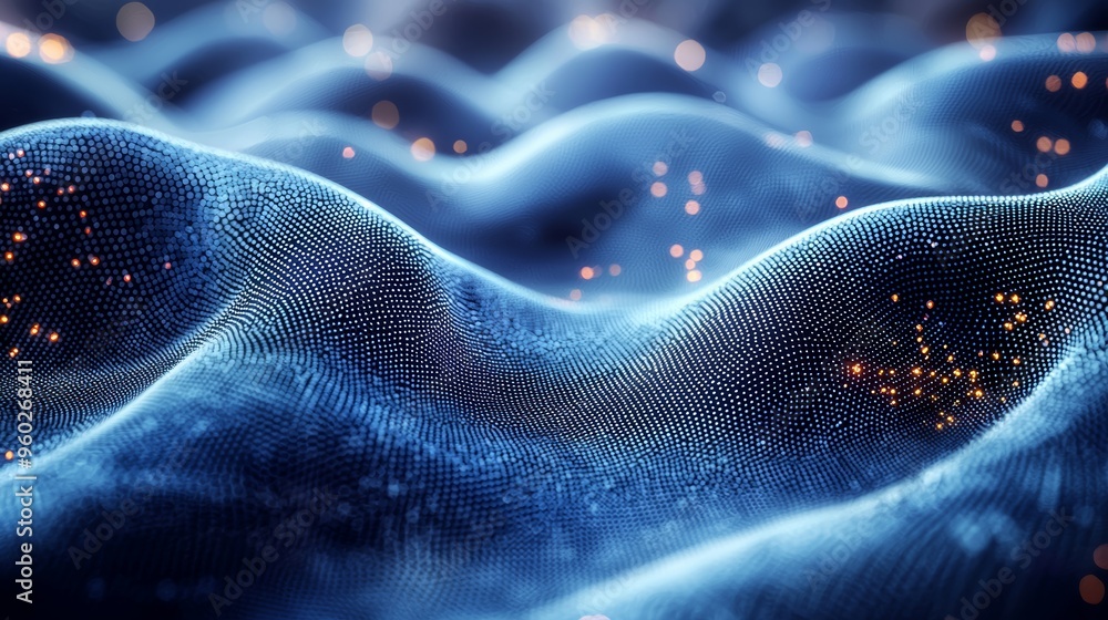 Poster an abstract representation of flowing waves illuminated by shimmering dots in a dark environment sho