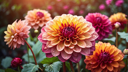 Colorful Dahlia Mix Blooms with Rain Drops