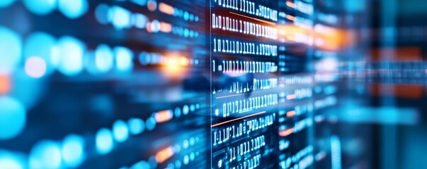 Virtual database session, holographic interface, programmer coding, blue tones