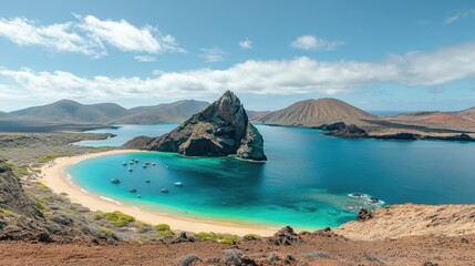 The famous Pinnacle Rock at Bartolome Island, with turquoise waters and sandy beaches in the foreground.