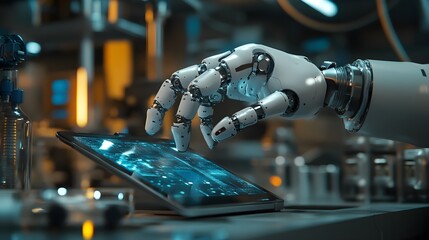 Precision robotic hand with articulated fingers carefully gripping a digital tablet photo