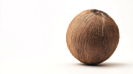 A single coconut placed on a white background, showcasing its natural texture and unique shape in a minimalistic presentation