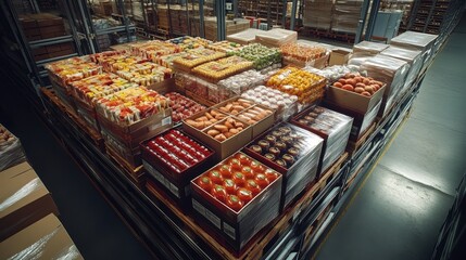 High-angle shot of a pallet filled with assorted food products, capturing the essence of supply chain management in the food industry, set in a distribution center