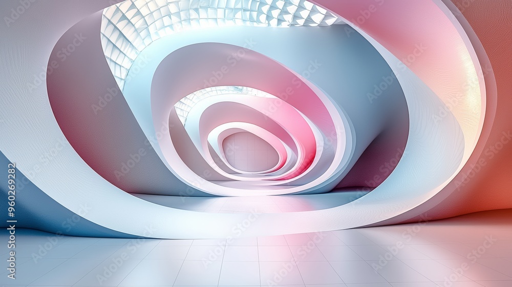 Poster abstract spiral hallway with soft lighting inviting exploration and creativity in a modern architect