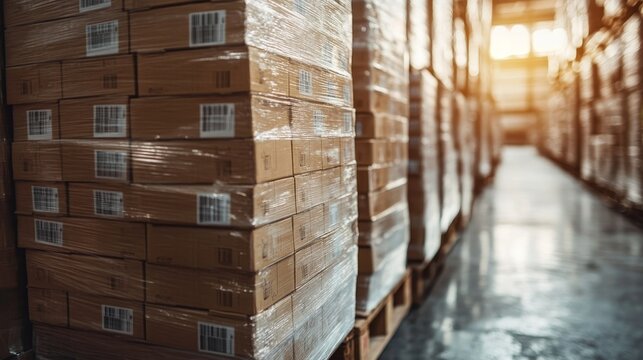 High-definition close-up of neatly stacked boxes on a pallet, highlighting the packaging design and clear labeling, set in an industrial warehouse