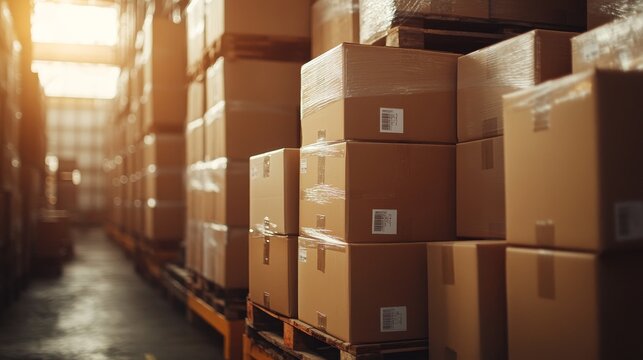 High-definition close-up of neatly stacked boxes on a pallet, highlighting the packaging design and clear labeling, set in an industrial warehouse