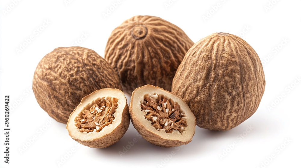 Poster whole and halved nutmeg pods arranged on a white background showcasing the unique texture and natura