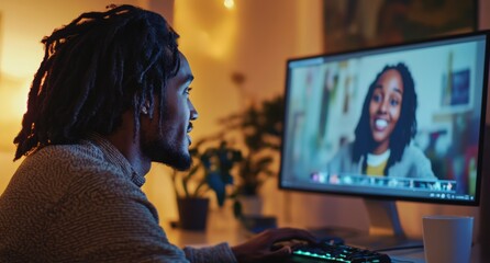 Fototapeta premium A Black man is sitting in front of his computer talking