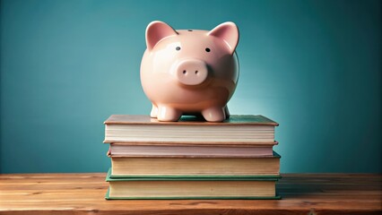 Saving for education with a piggy bank placed over a stack of books