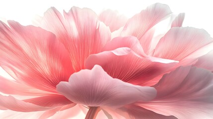 Macro shot of a pink peony's delicate petals unfurling, set against a pure white backdrop, soft lighting, high detail, botanical illustration style, perfect for wedding themes.
