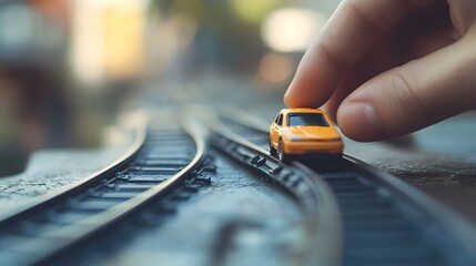Fototapeta premium Hand Holding a Toy Car: A hand rolling a toy car along a track, with a close-up focus on the car and the hand’s movement. 