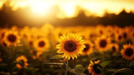 Obraz premium A sunflower field viewed through a vintage camera lens, creating a nostalgic scene with slightly faded colors and a vignette effect, Retro, Sepia tones, Film grain, Nostalgic and warm