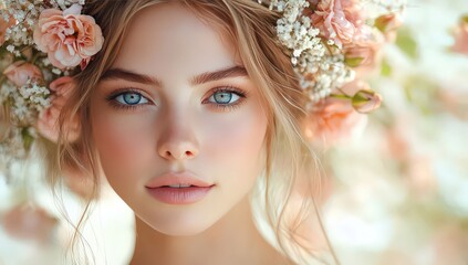 Obraz premium A beautiful woman with flowers in her hair, captivating eyes, and delicate makeup, set against a backdrop of spring colors.