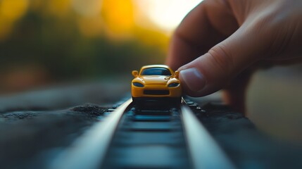 Hand Holding a Toy Car: A hand rolling a toy car along a track, with a close-up focus on the car and the hand&rsquo;s movement. 