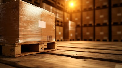 Illustration of a wooden pallet with shrink-wrapped cartons in a vintage warehouse, sepia tones, detailed textures, soft shadows, warm lighting