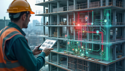 A construction worker analyzes a digital blueprint on a tablet, overlaying it with a 3D model of the building's infrastructure. For articles on construction technology, engineering, and project manage