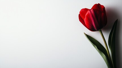 Obraz premium A single red tulip with delicate shadows on a pristine white background, minimalistic, modern design, soft lighting, ample copy space, high-resolution photography.