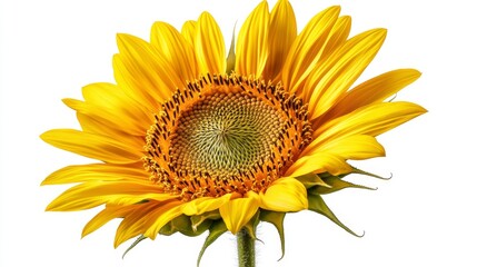 Close-up of a vibrant sunflower in full bloom, minimalist composition, isolated on a crisp white background, high-definition photography, hyper-realistic details, soft natural lighting.