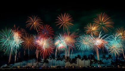 Obraz premium Vibrant New Year's Eve Spectacular: Mesmerizing Colored Fireworks Illuminate the Night Sky